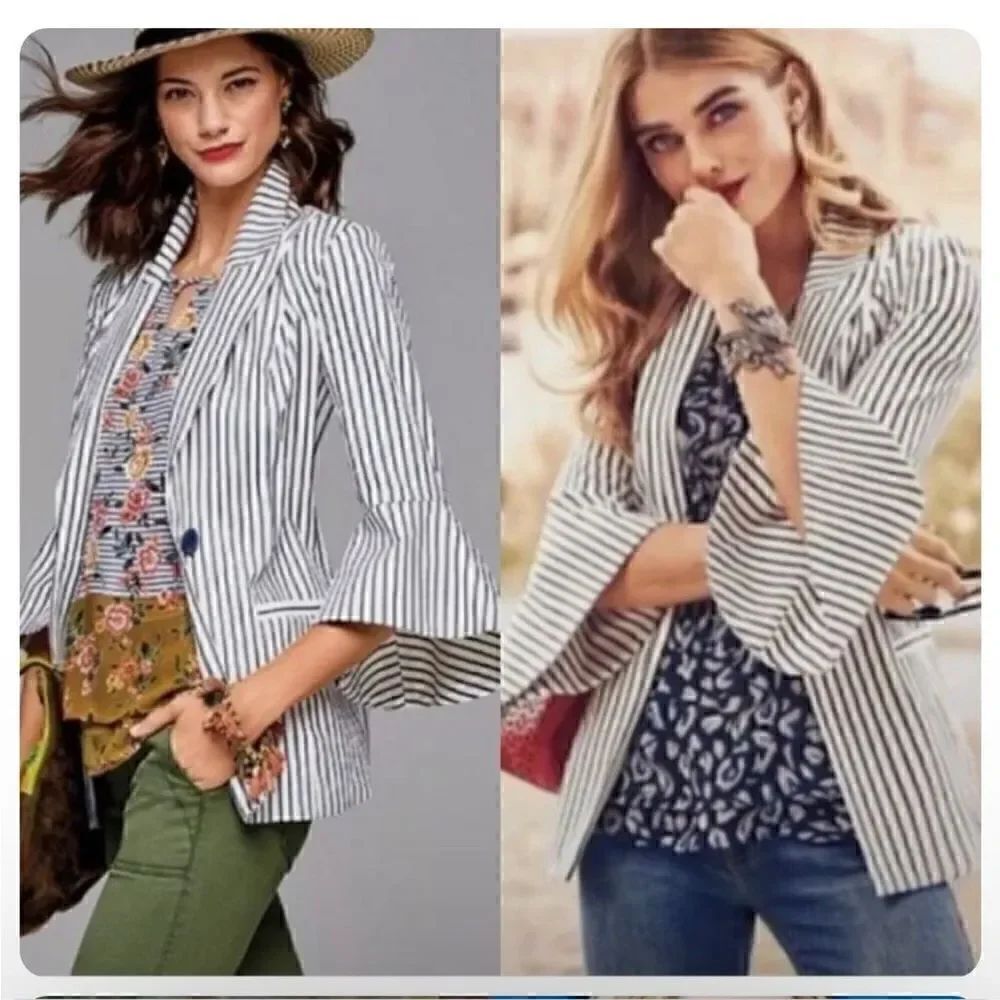 Cabi striped blue white flutter bell sleeve jacket 2